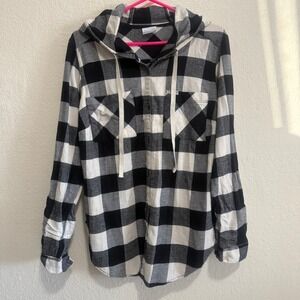 Columbia Women's Plaid Hooded Flannel Shirt Button Down Size Large Black White